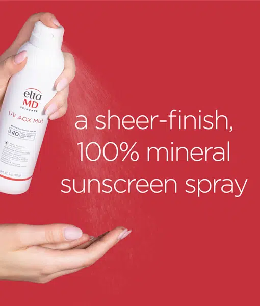 EltaMD UV AOX Mist SPF spray 100% mineral sunscreen shows hand and bottle spraying