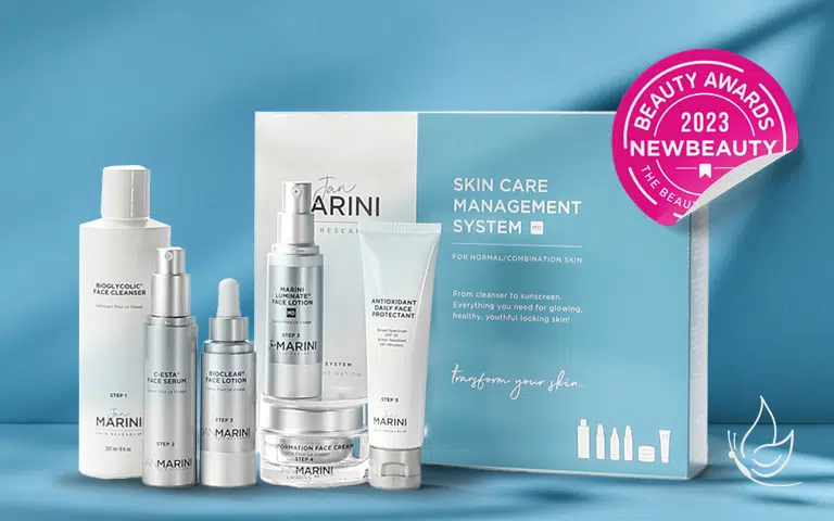 Products from Jan Marini Skincare Management System in a blue background.