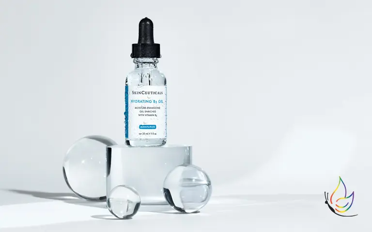 Hydrating B5 Gel bottle on a clear stand.