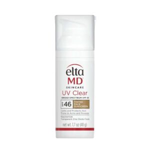EltaMD UV Clear sunscreen tinted bottle and swatch