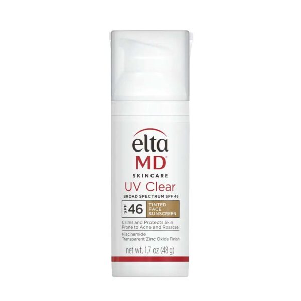 EltaMD UV Clear sunscreen tinted bottle and swatch